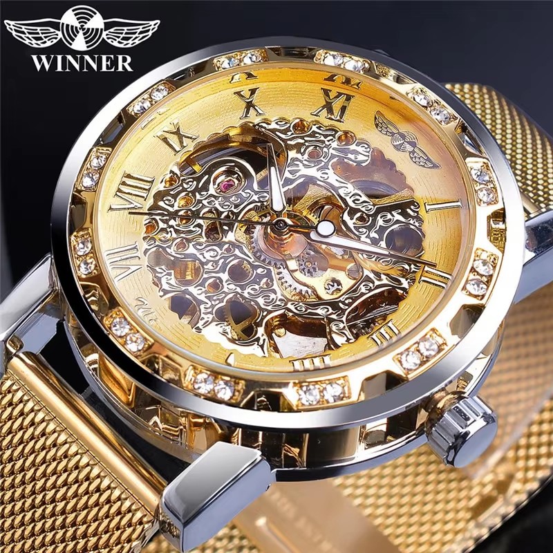 Stainless Mesh Band - Forsining Men's Skeleton Mechanical Hand-Winding Retro